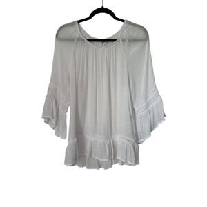 Counterparts Top Size M White Crochet Inlay Bell Sleeve Boho Peasant Blouse
